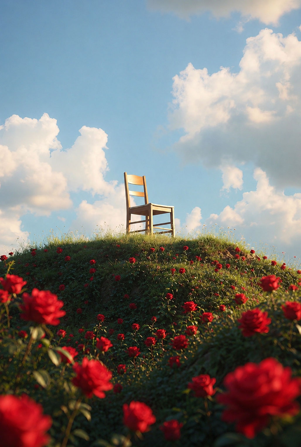 A wooden chair on a hill of red roses under a cloudy sky